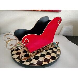 Christmas Santa Claus Sleigh 15 x 5" Red Black Hand Painted